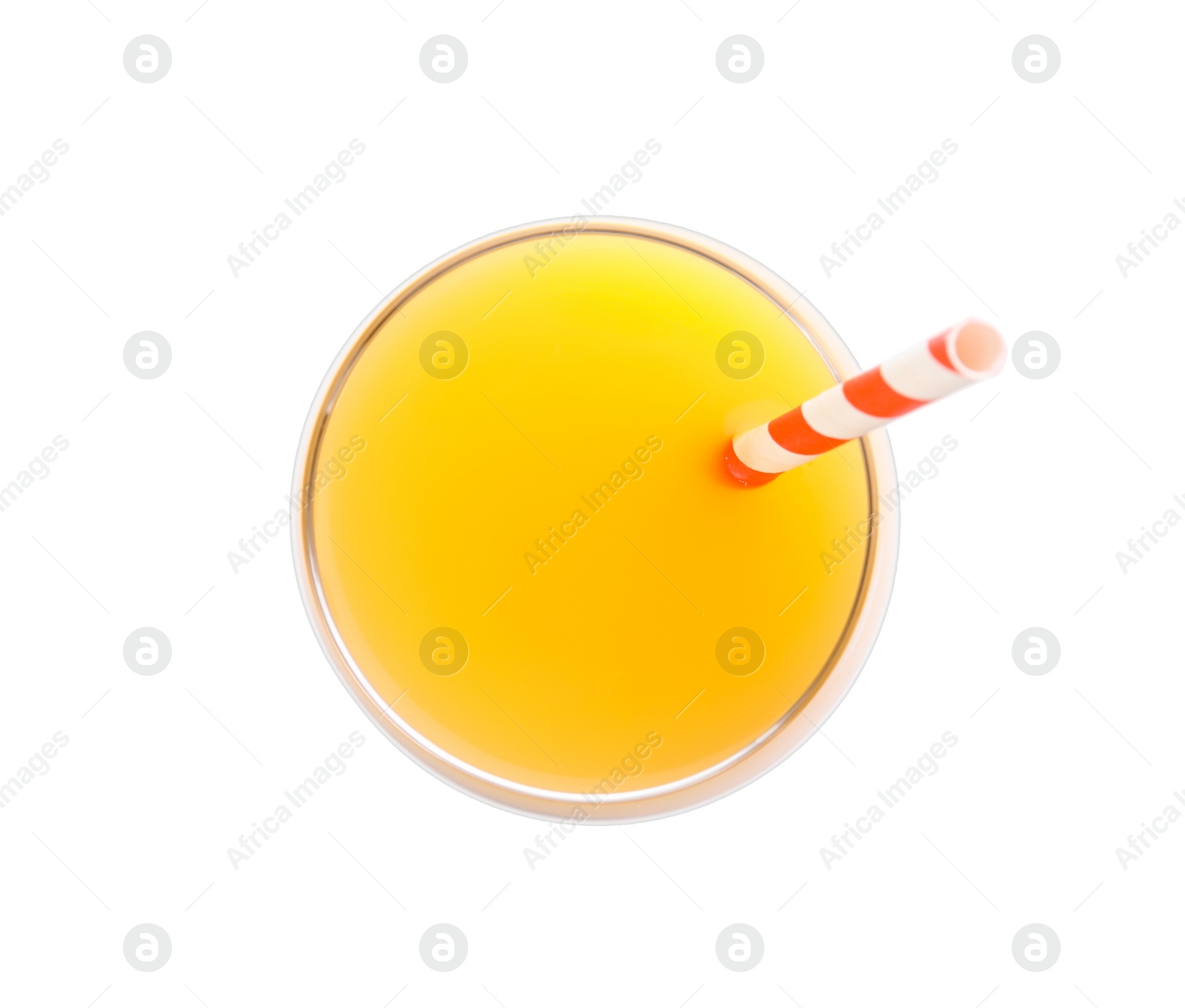 Photo of Glass of orange juice on white background, top view