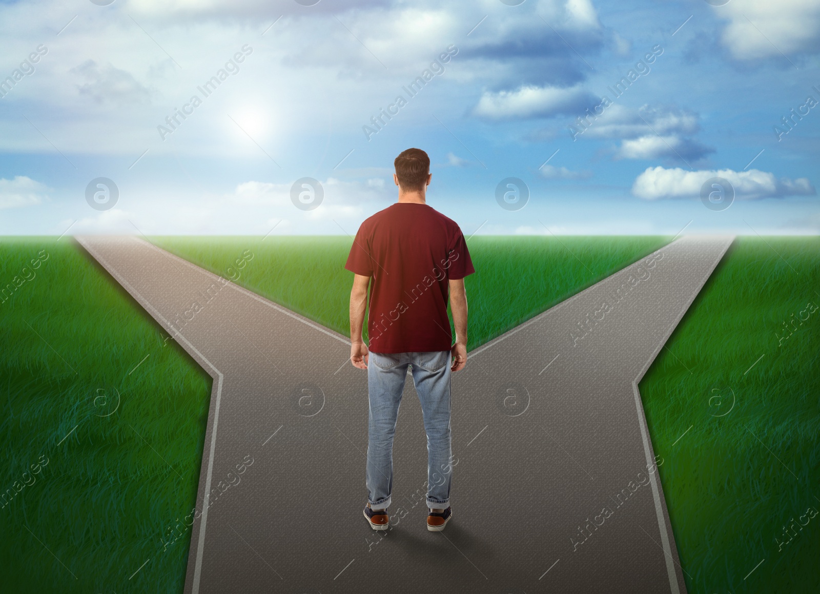 Image of Choose your way. Man standing at crossroads taking important decision