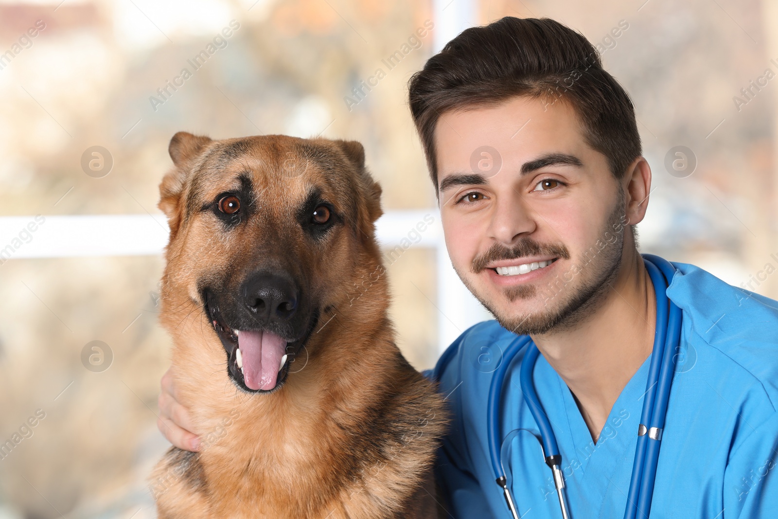 Photo of Veterinarian doc with dog in animal clinic