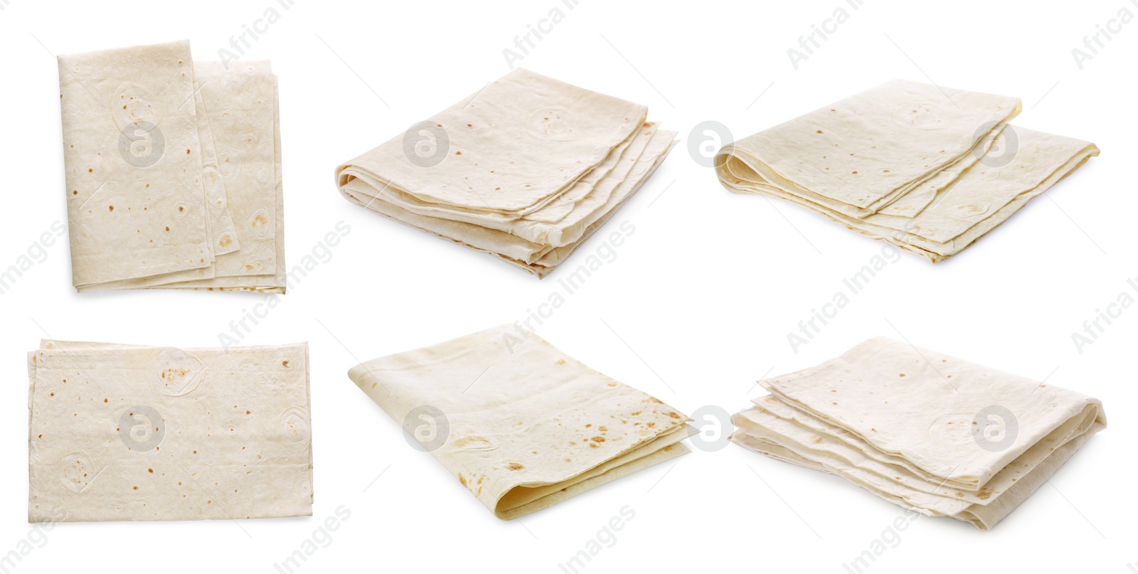 Image of Set with tasty Armenian lavash on white background