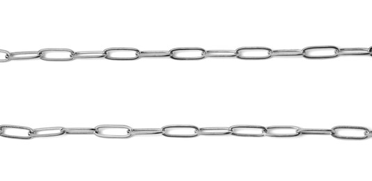 Metal chains isolated on white, top view. Luxury jewelry