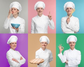 Collage with photos of professional chef on different color backgrounds