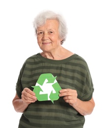Photo of Elderly woman with recycling symbol on white background