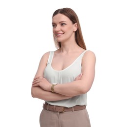 Photo of Beautiful happy businesswoman crossing arms on white background