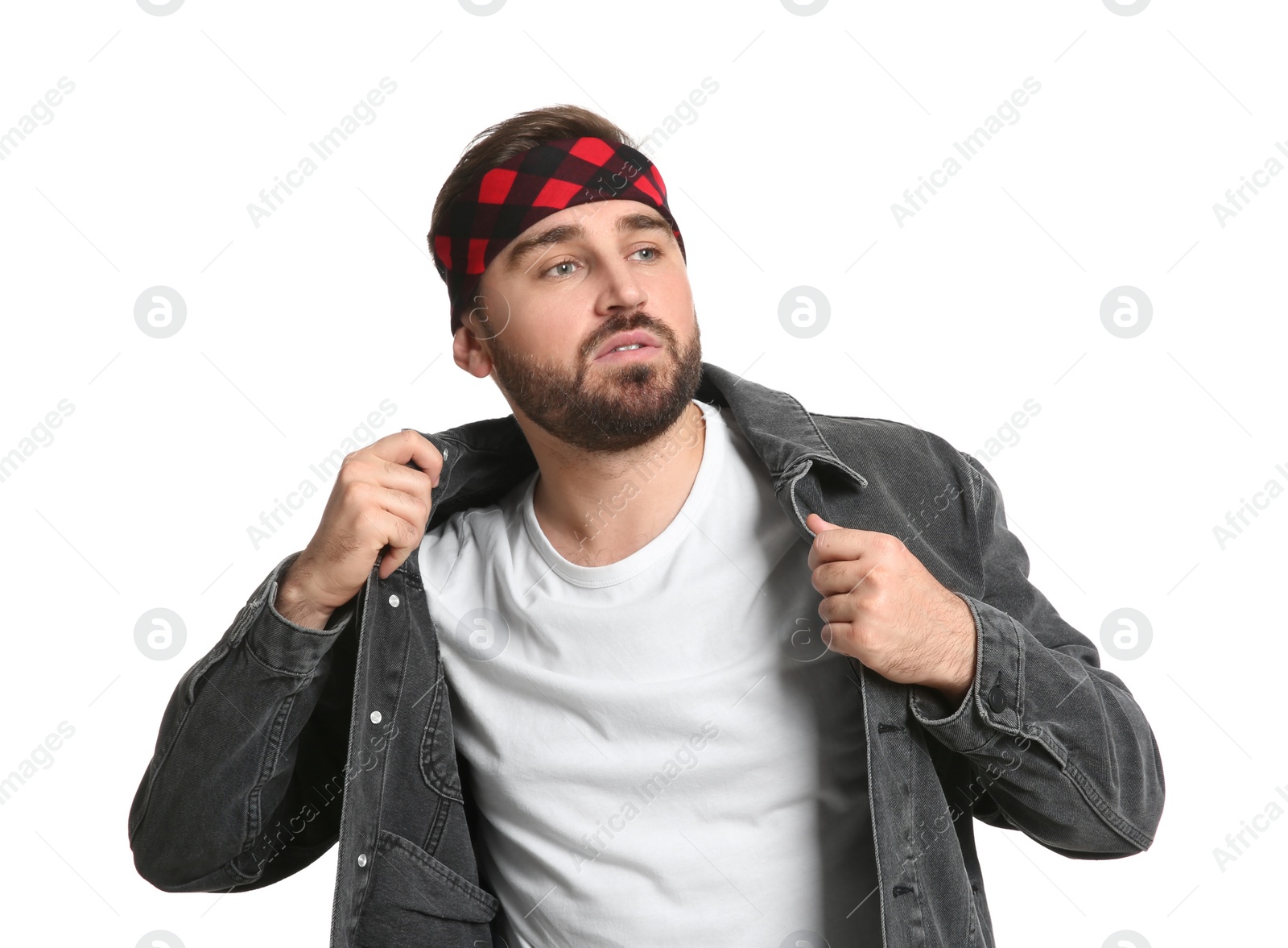 Photo of Fashionable young man in stylish outfit with bandana on white background