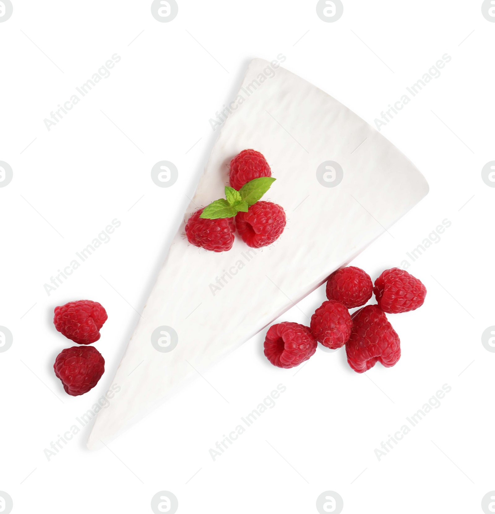 Photo of Brie cheese with raspberries isolated on white, top view