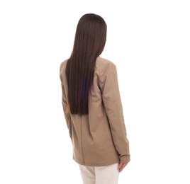 Businesswoman in suit on white background, back view