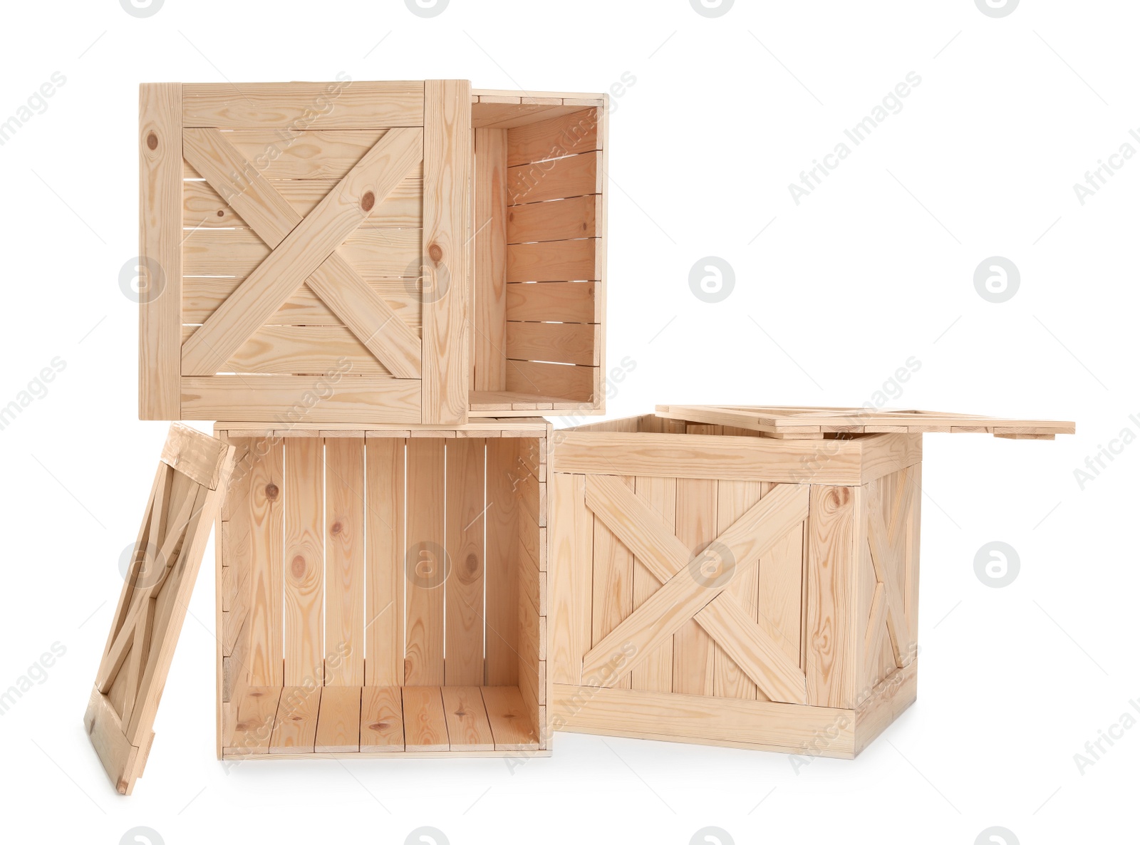 Photo of Group of wooden crates isolated on white