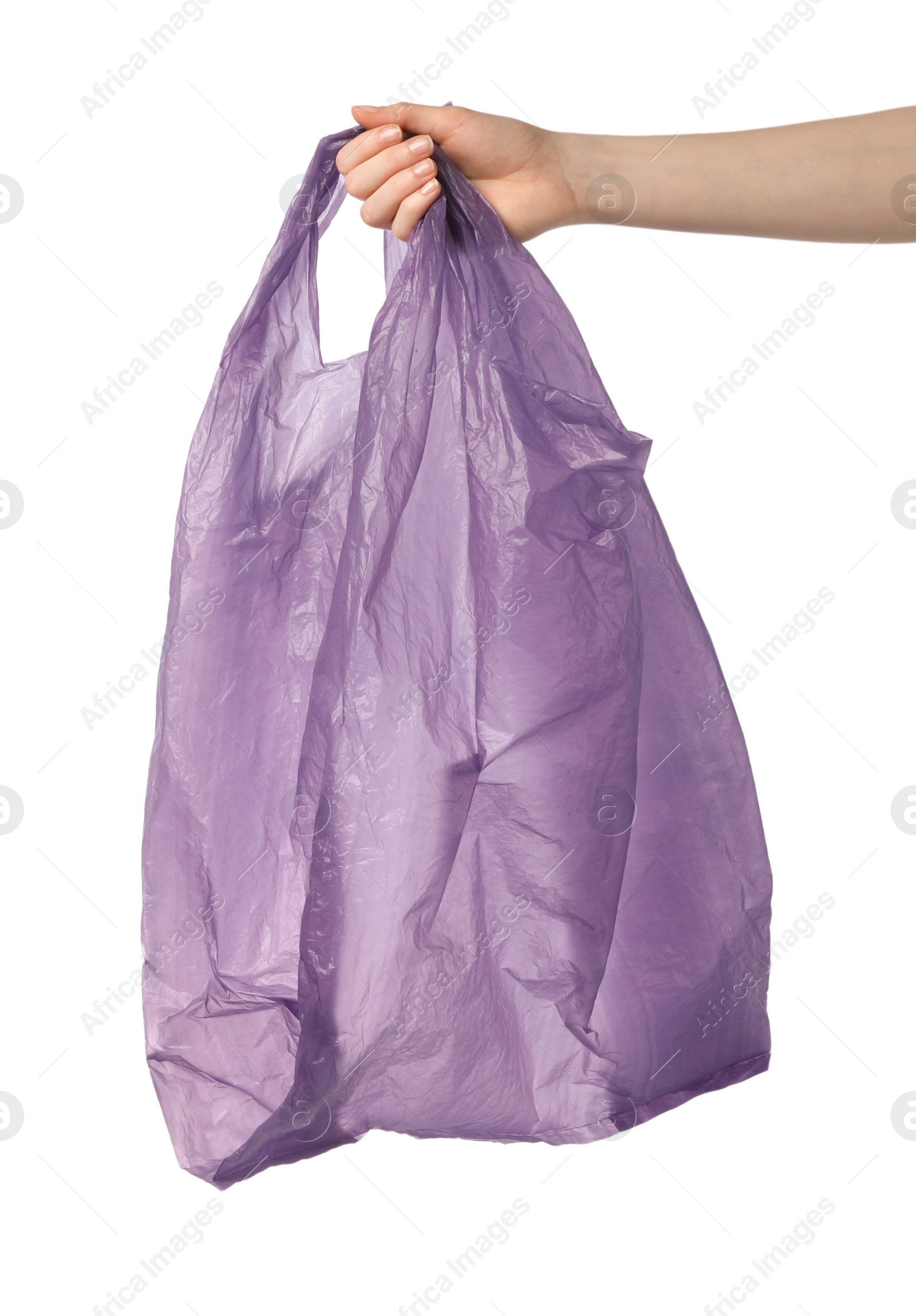 Photo of Woman holding purple plastic bag on white background, closeup