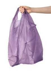 Photo of Woman holding purple plastic bag on white background, closeup