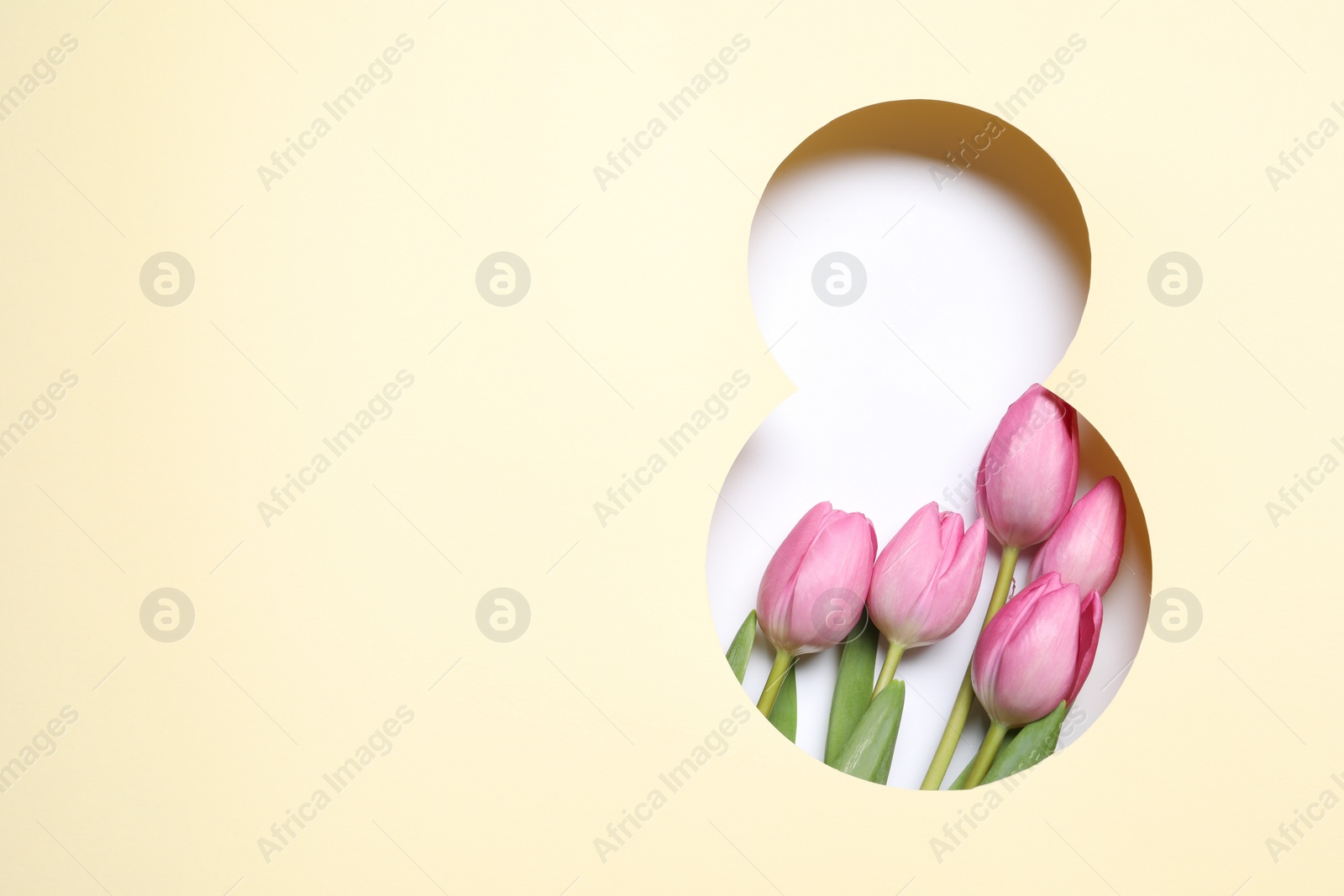 Photo of 8 March greeting card design with tulips and space for text, top view. Happy International Women's Day