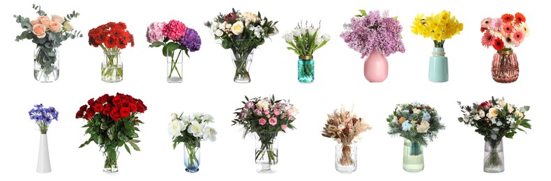 Image of Collage with many beautiful bouquets and flowers in different vases on white background