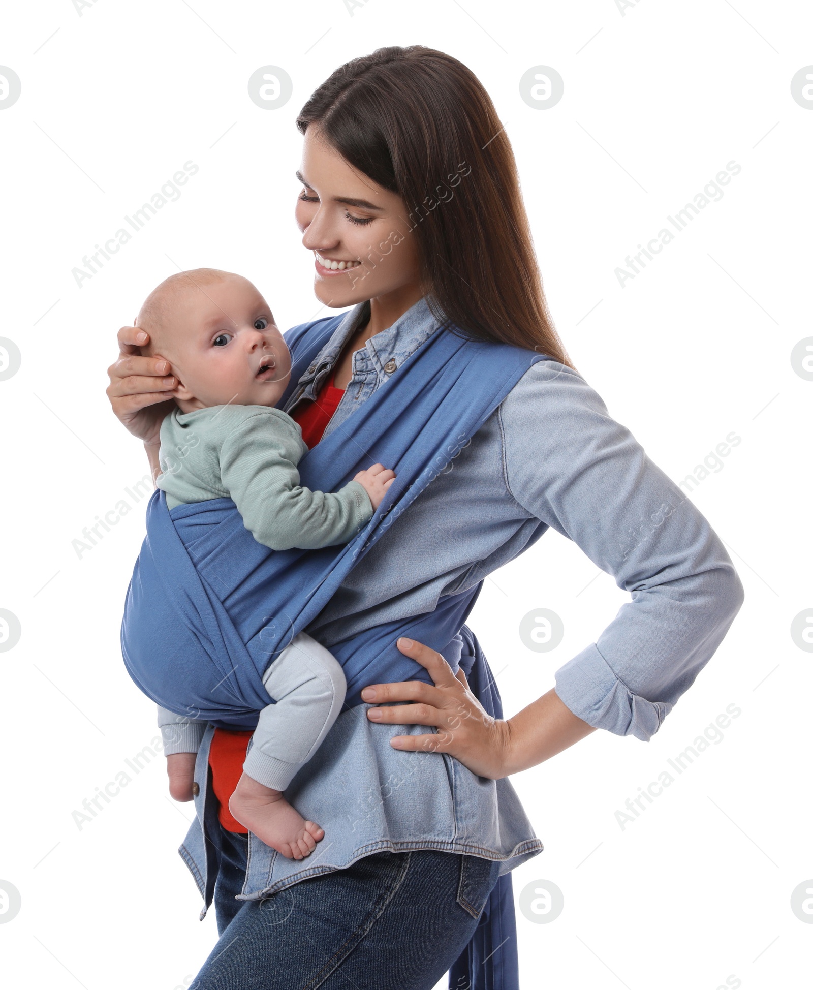 Photo of Mother holding her child in sling (baby carrier) on white background