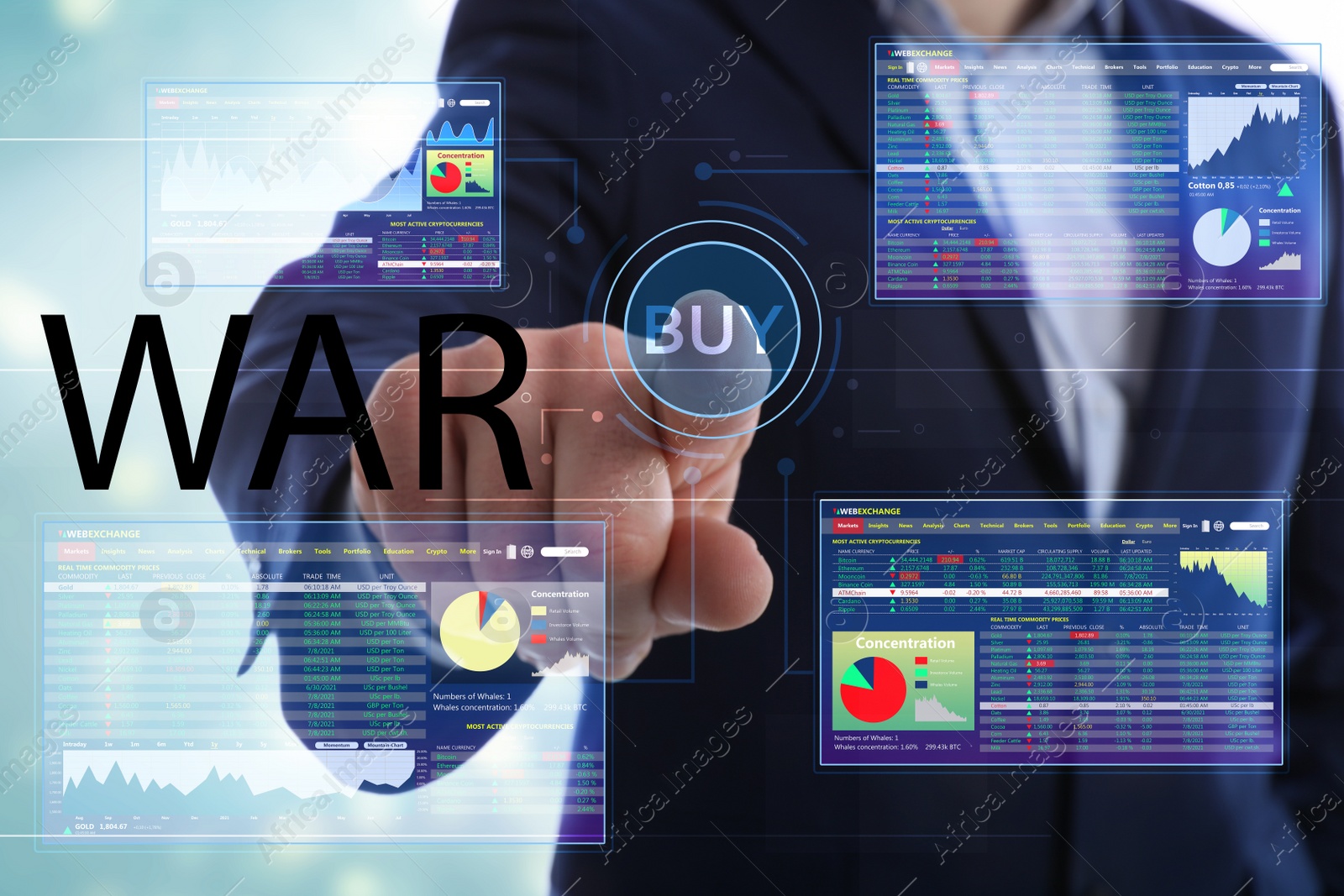 Image of Influence of war on stock exchange. Businessman pointing at virtual screen electronic online trading platform, closeup