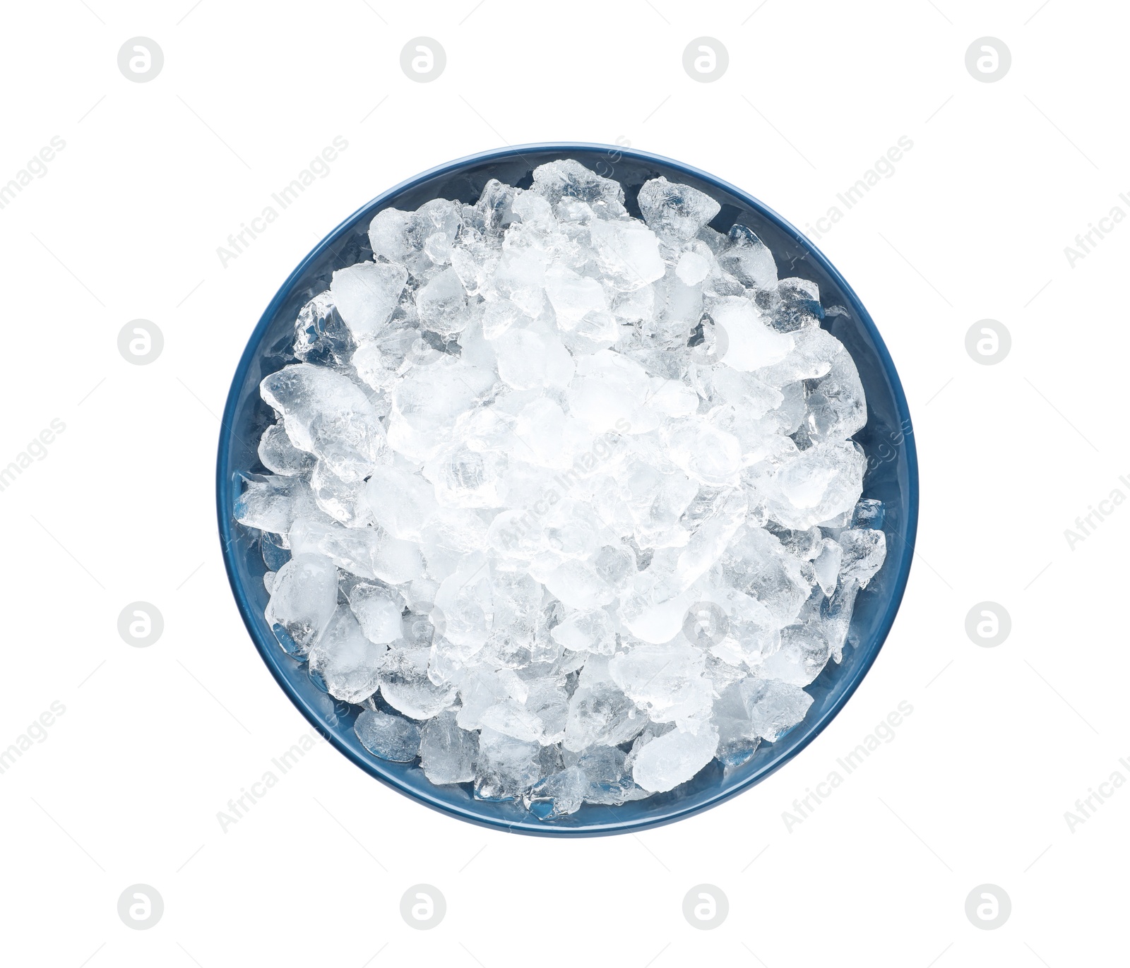 Photo of Crushed ice in bowl on white background, top view