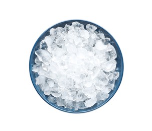 Photo of Crushed ice in bowl on white background, top view