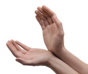 Photo of Man holding something in hands on white background, closeup