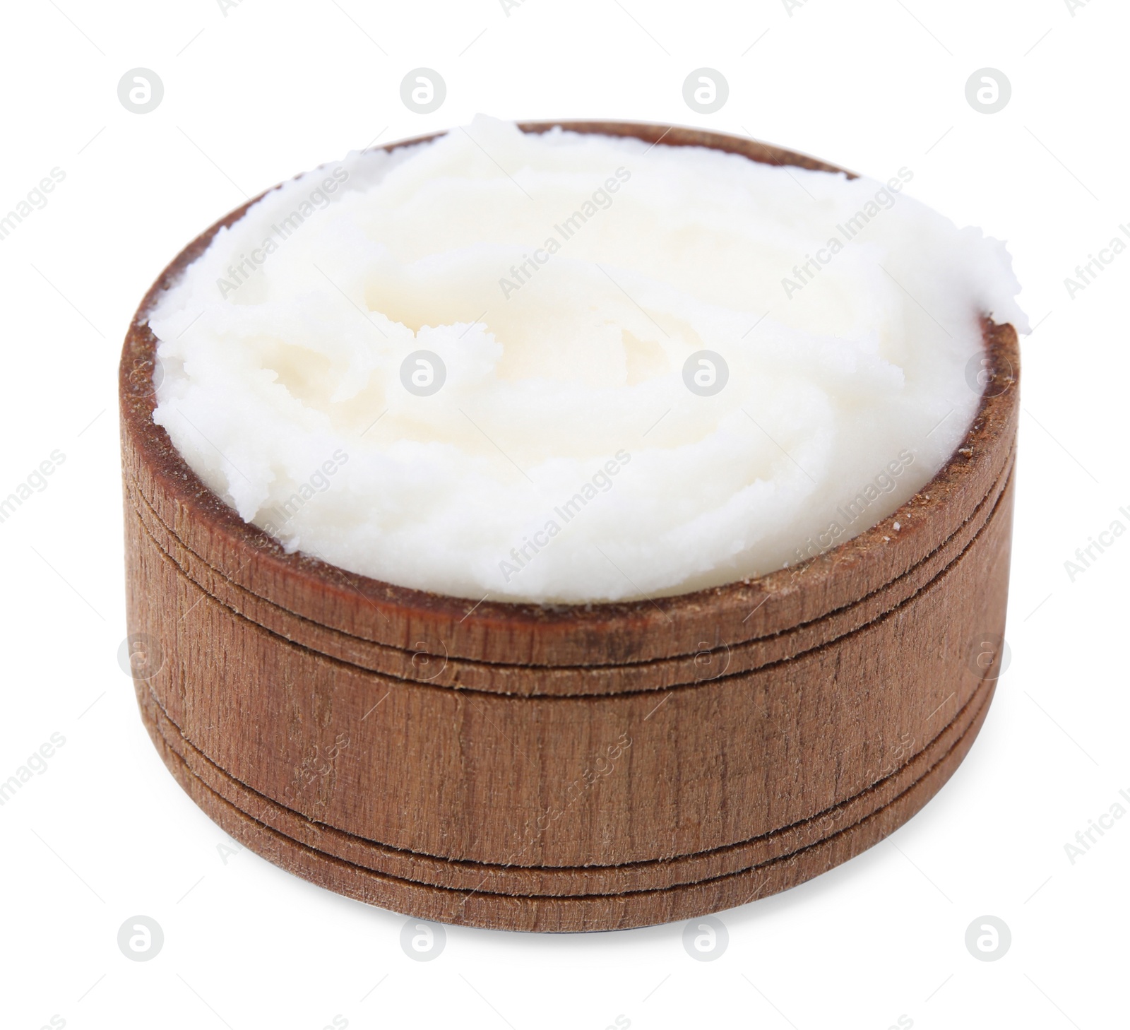 Photo of Delicious pork lard in wooden bowl isolated on white