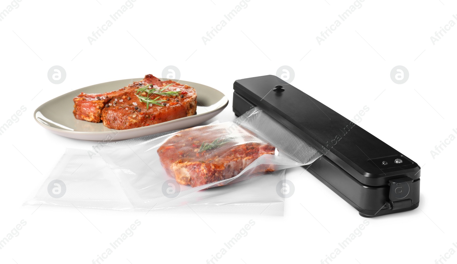Photo of Sealer for vacuum packing and plastic bag with tasty meat, rosemary on white background