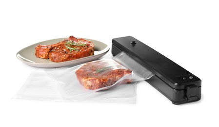 Photo of Sealer for vacuum packing and plastic bag with tasty meat, rosemary on white background