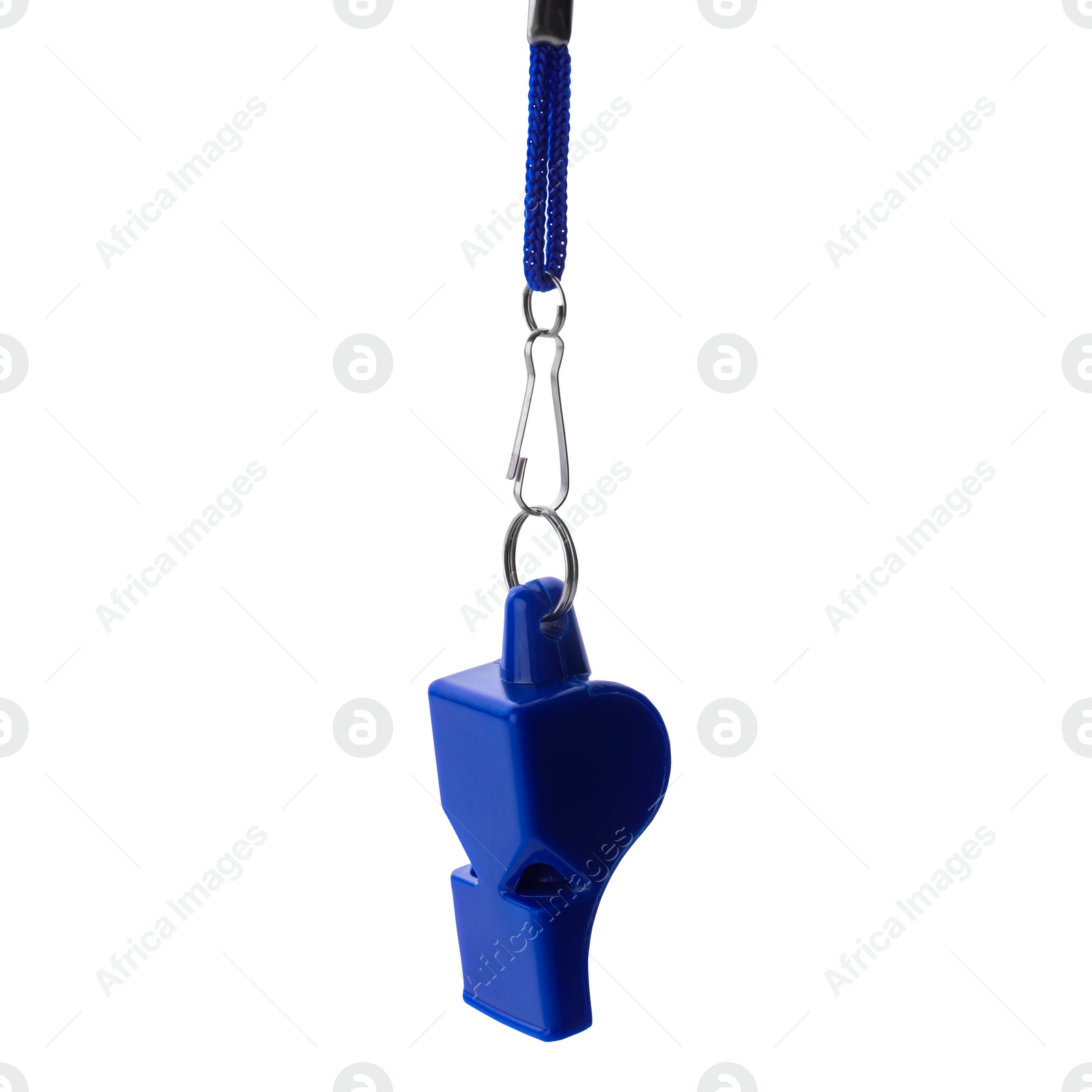 Photo of One blue whistle with cord isolated on white