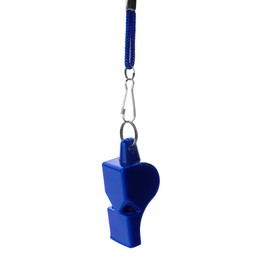 Photo of One blue whistle with cord isolated on white