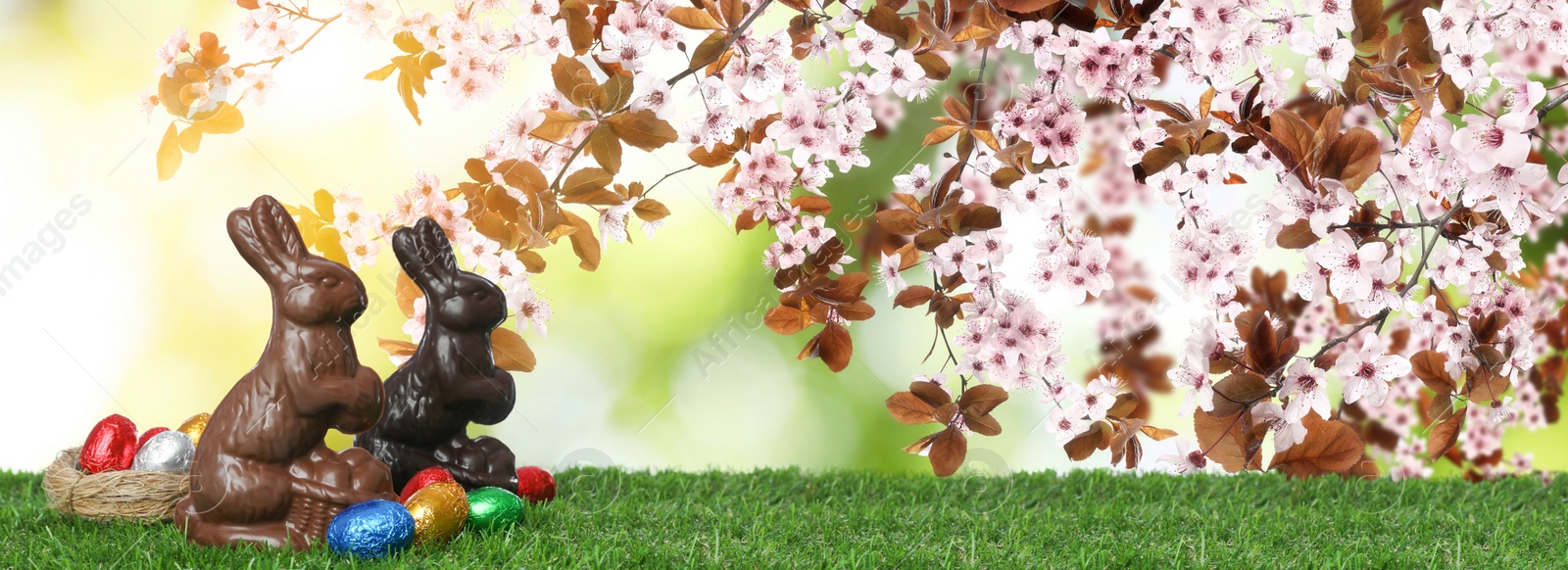 Image of Chocolate bunnies and eggs on green grass outdoors, space for text. Easter celebration