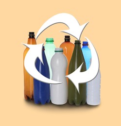 Image of Illustration of recycling symbol and empty plastic bottles on beige background