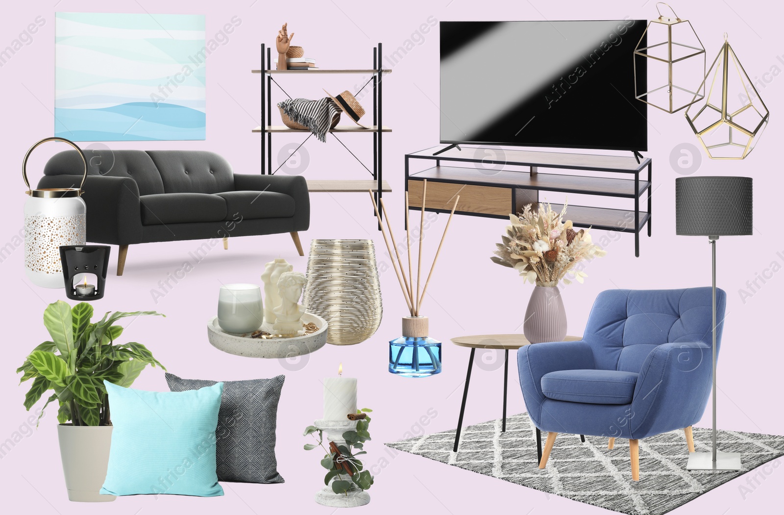 Image of Living room interior design. Collage with different combinable furniture and decorative elements on pale light pink background