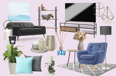 Living room interior design. Collage with different combinable furniture and decorative elements on pale light pink background