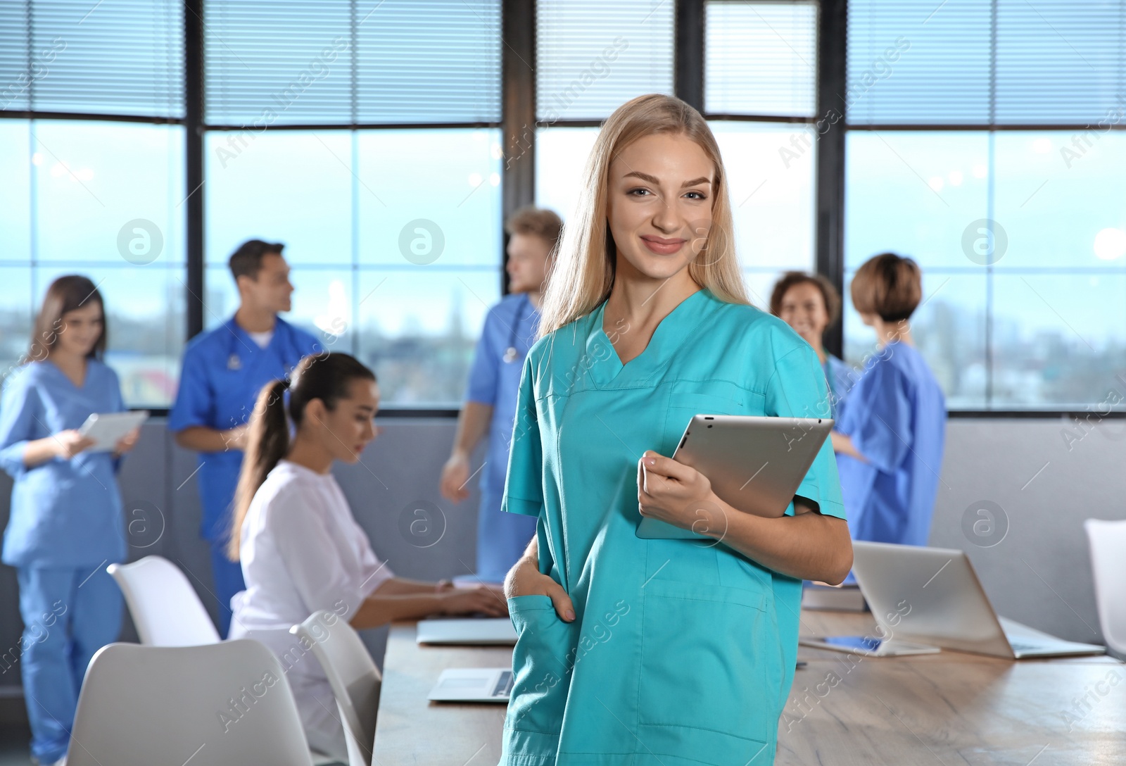 Photo of Smart medical student with her classmates in college