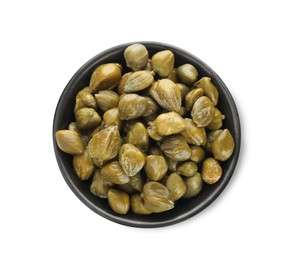 Photo of Capers in bowl isolated on white, top view