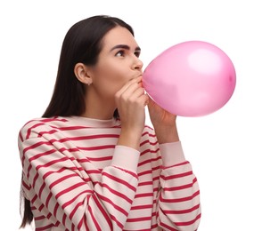 Photo of Woman inflating pink balloon on white background