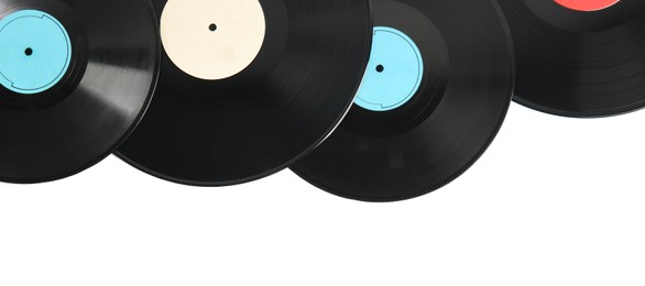 Vintage vinyl records on white background, top view