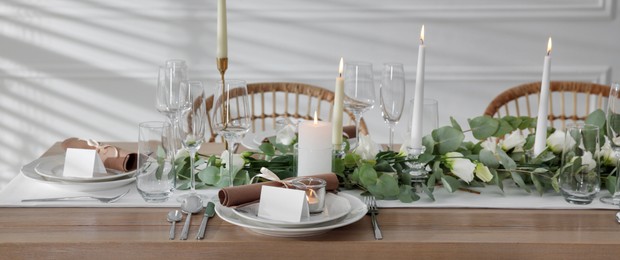 Image of Festive table setting with beautiful tableware and decor indoors. Banner design