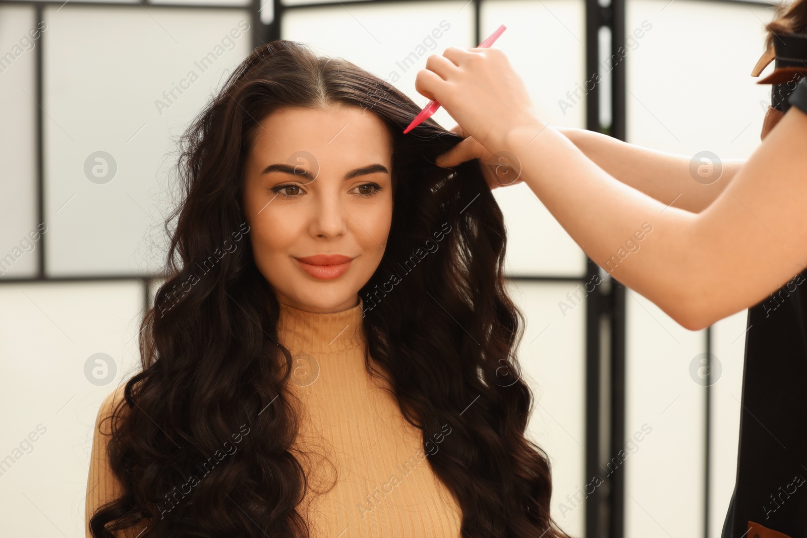 Photo of Hair styling. Professional hairdresser working with client indoors, closeup