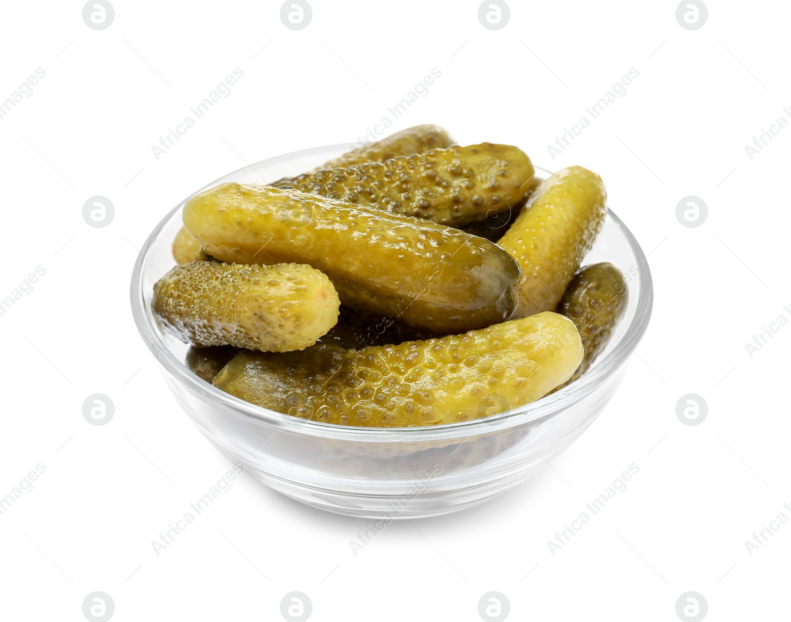 Photo of Tasty pickled cucumbers in bowl isolated on white