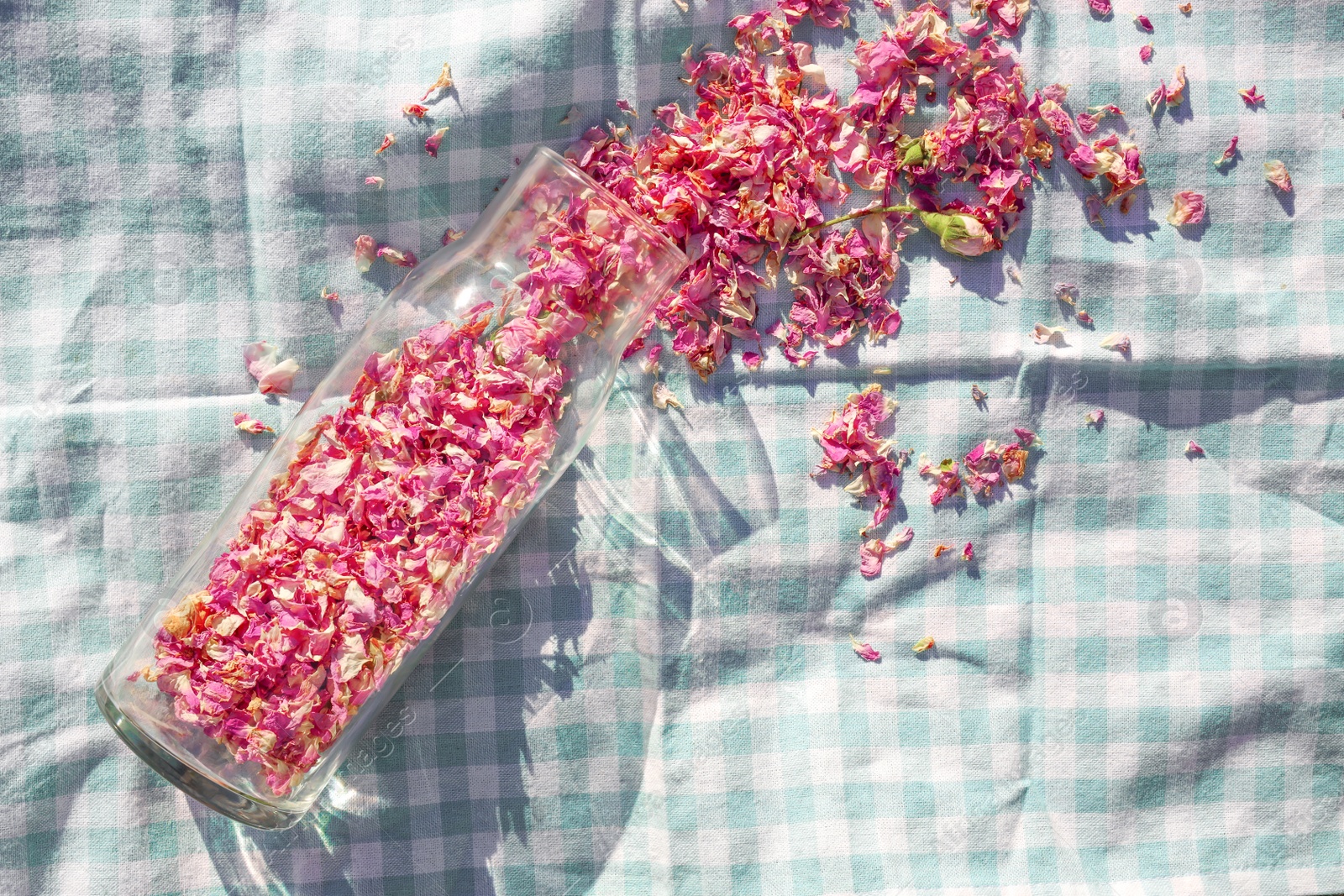 Photo of Glass bottle with dry tea rose petals on checkered fabric, top view