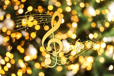 Image of Music notes on blurred background, bokeh effect. Christmas and New Year melody