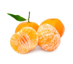Photo of Fresh ripe juicy tangerines with green leaf on white background