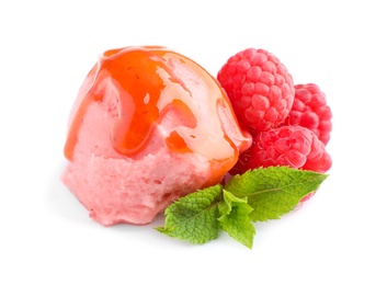 Photo of Scoop of delicious raspberry ice cream with syrup, mint and fresh berries on white background