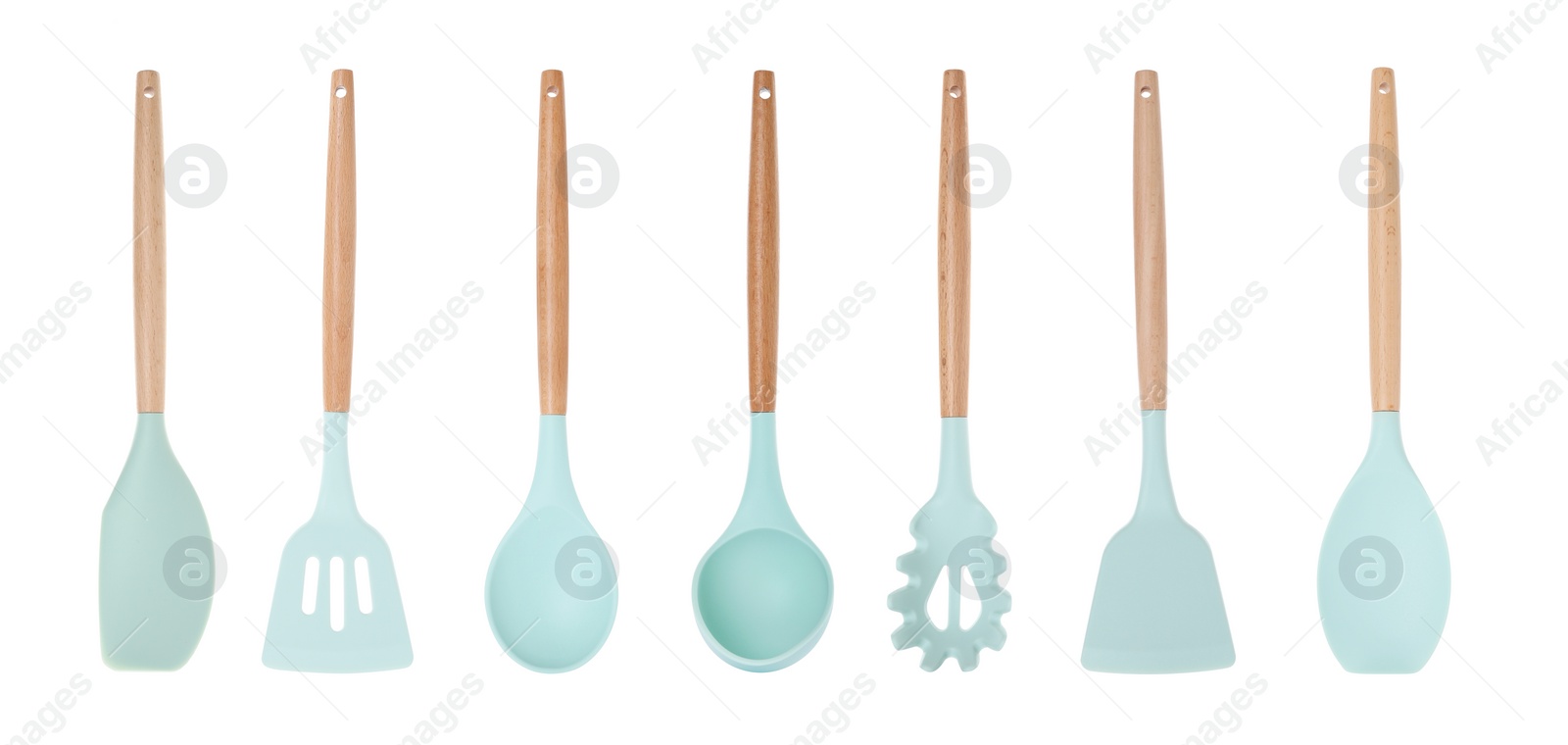 Image of Set of kitchen tools on white background. Banner design