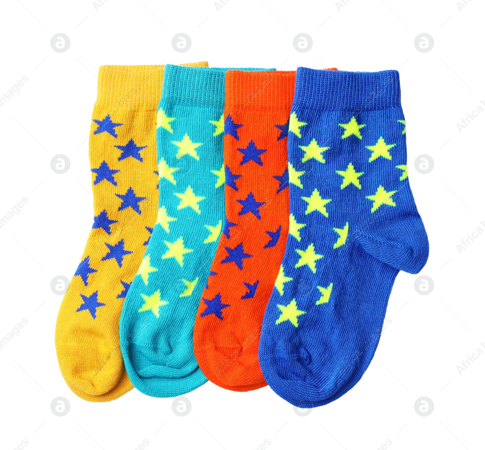 Photo of Cute child socks on white background, top view