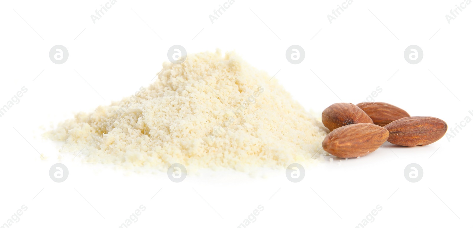 Photo of Pile of almond flour and nuts isolated on white