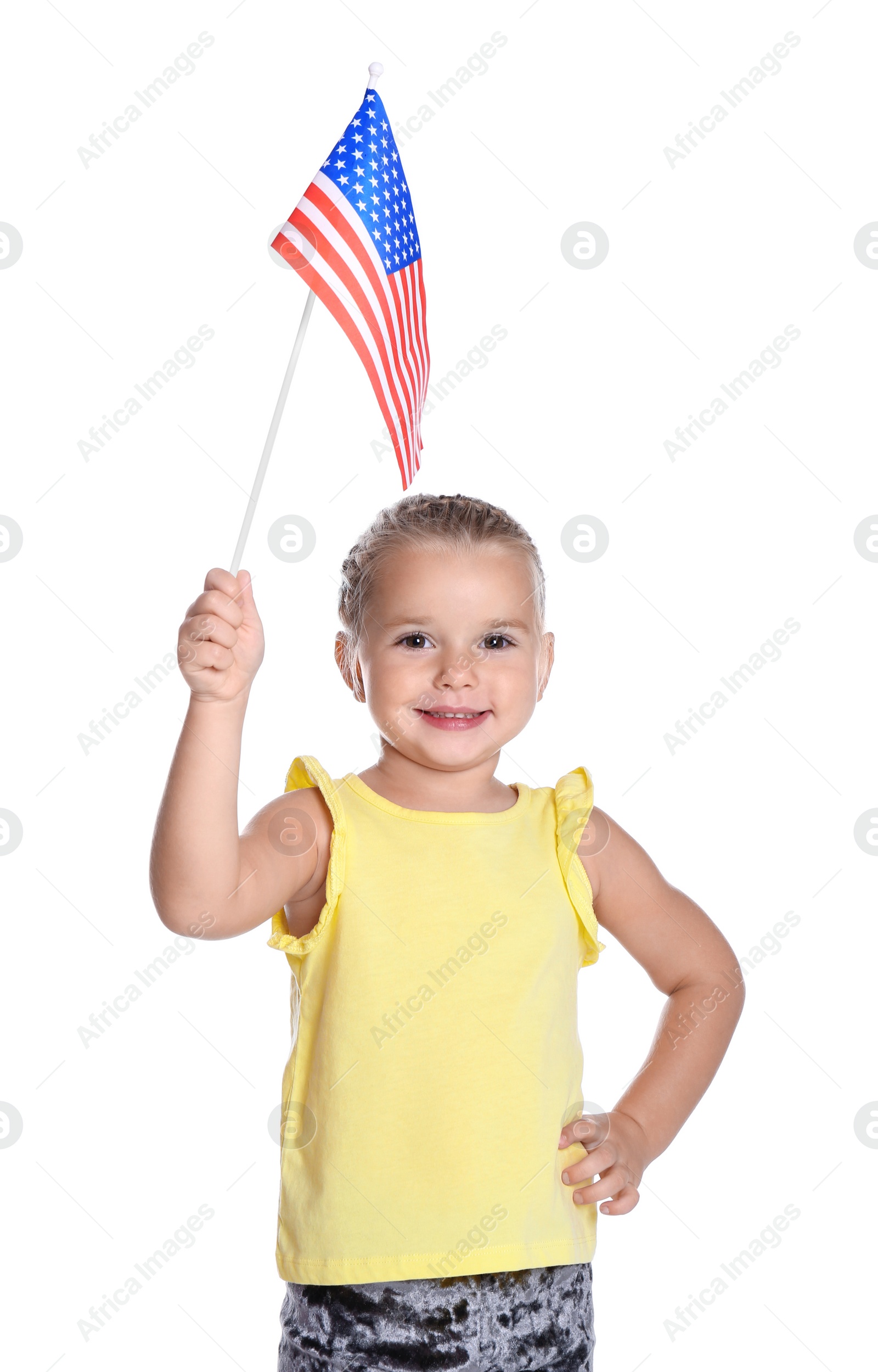 Photo of Little girl with American flag on white background