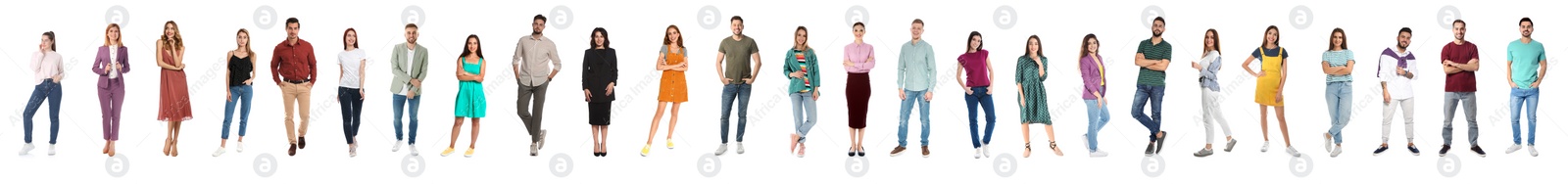 Image of Collage with full length portraits of men and women on white background