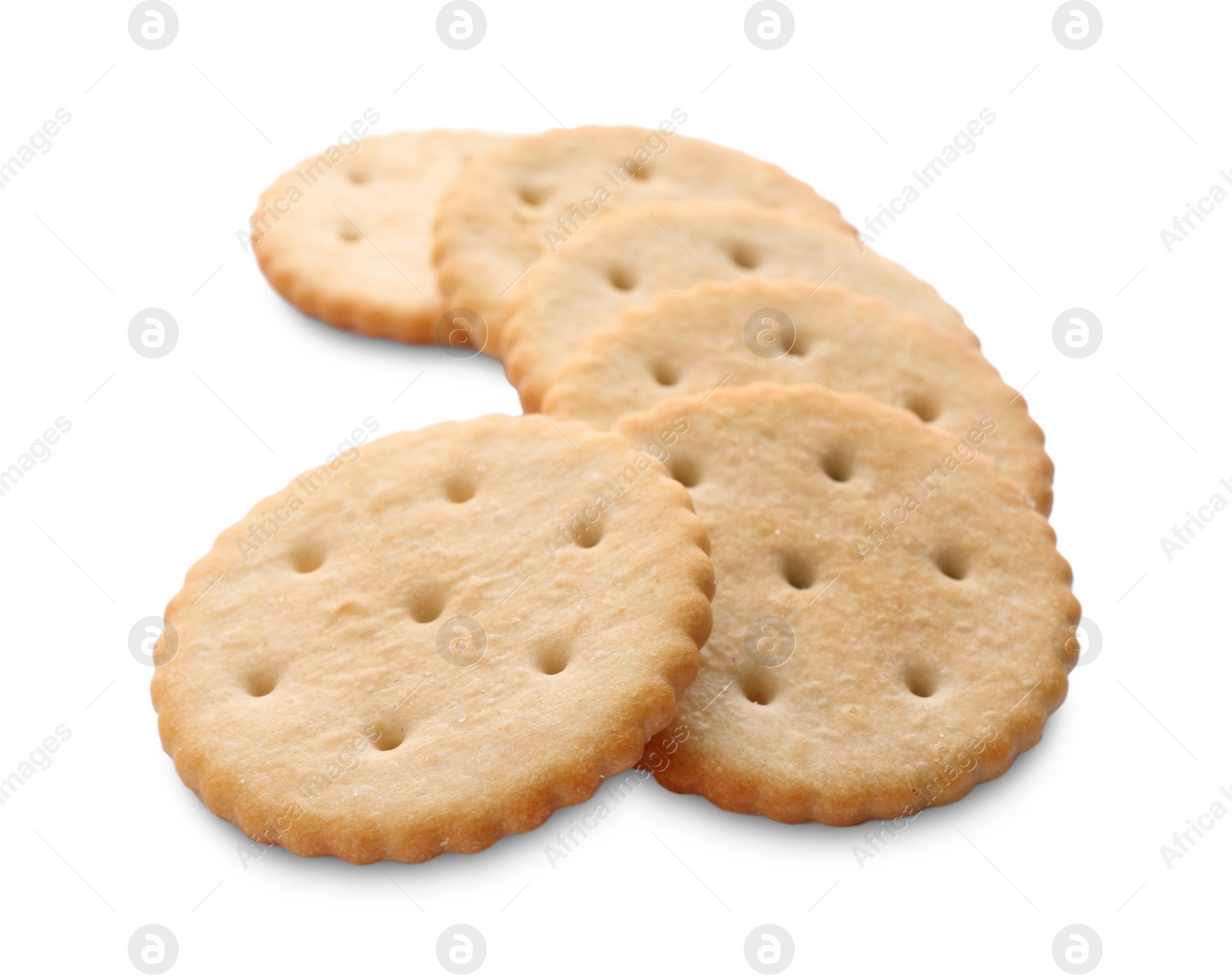 Photo of Crispy crackers isolated on white. Delicious snack