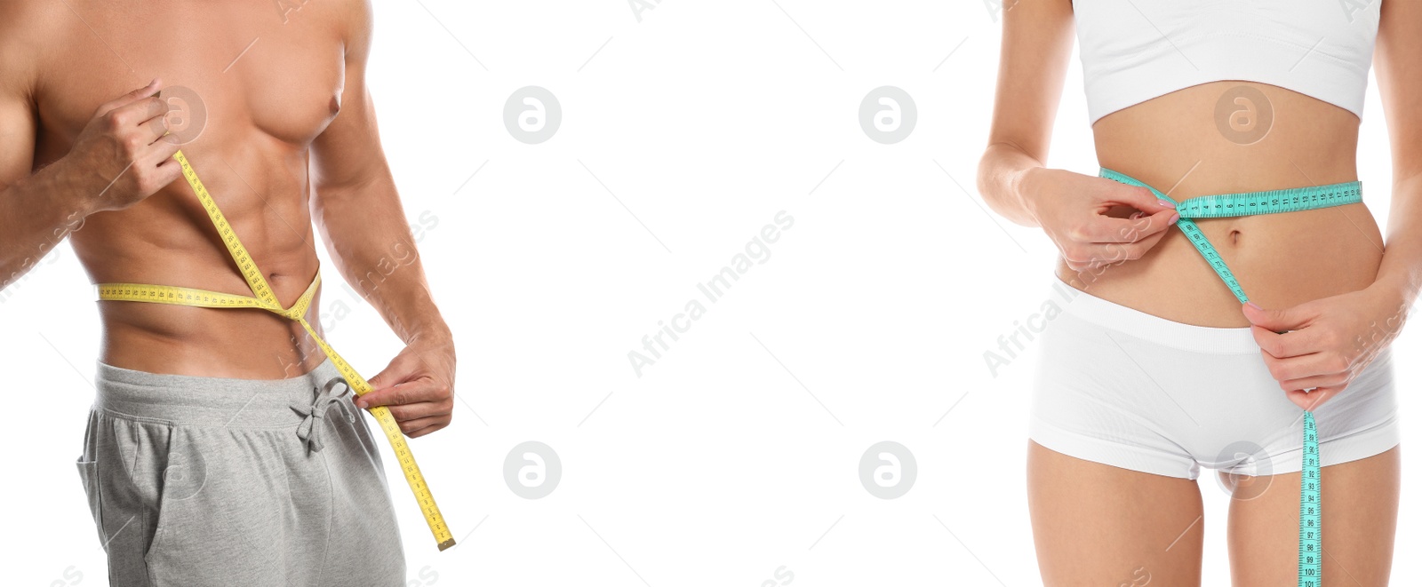 Image of Man and woman with slim bodies on white background, closeup. Banner design