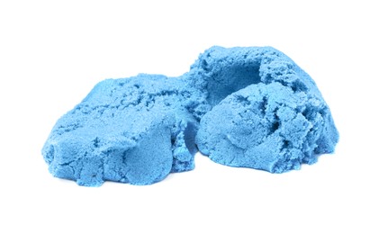 Pile of blue kinetic sand on white background