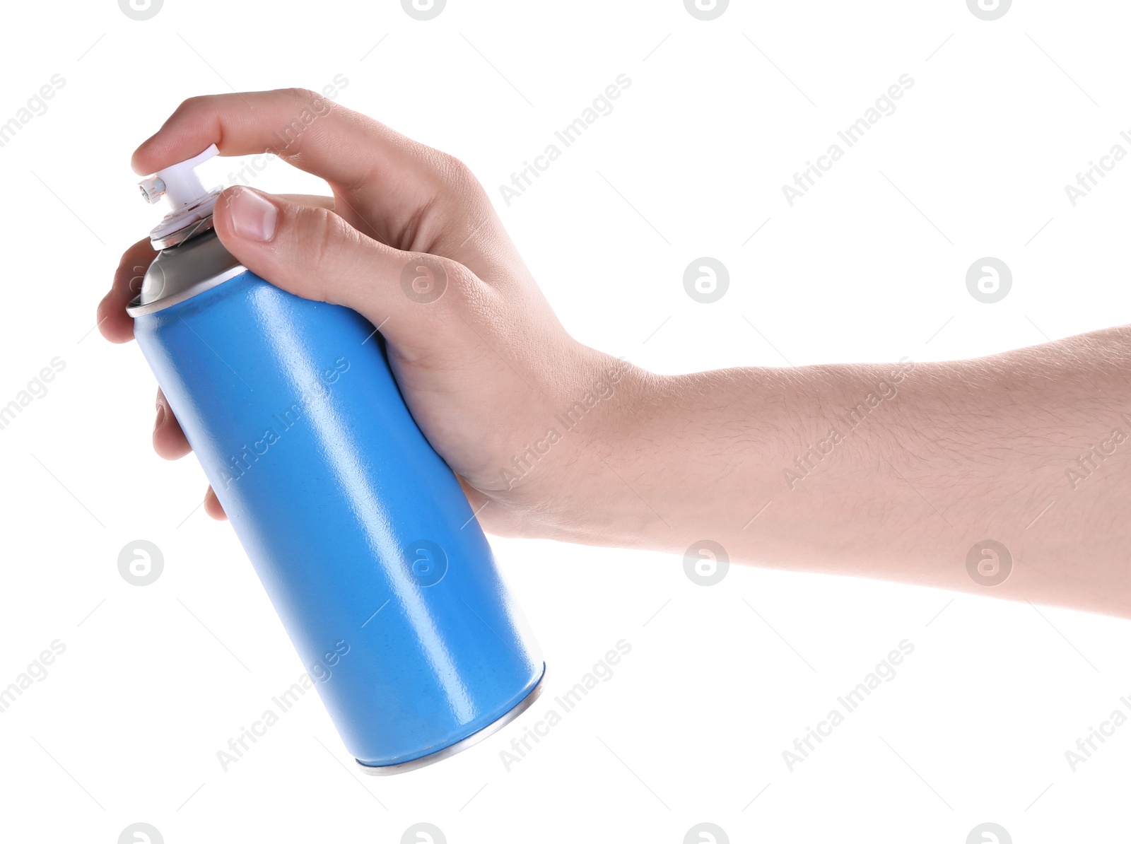 Photo of Man with can of spray paint on white background, closeup